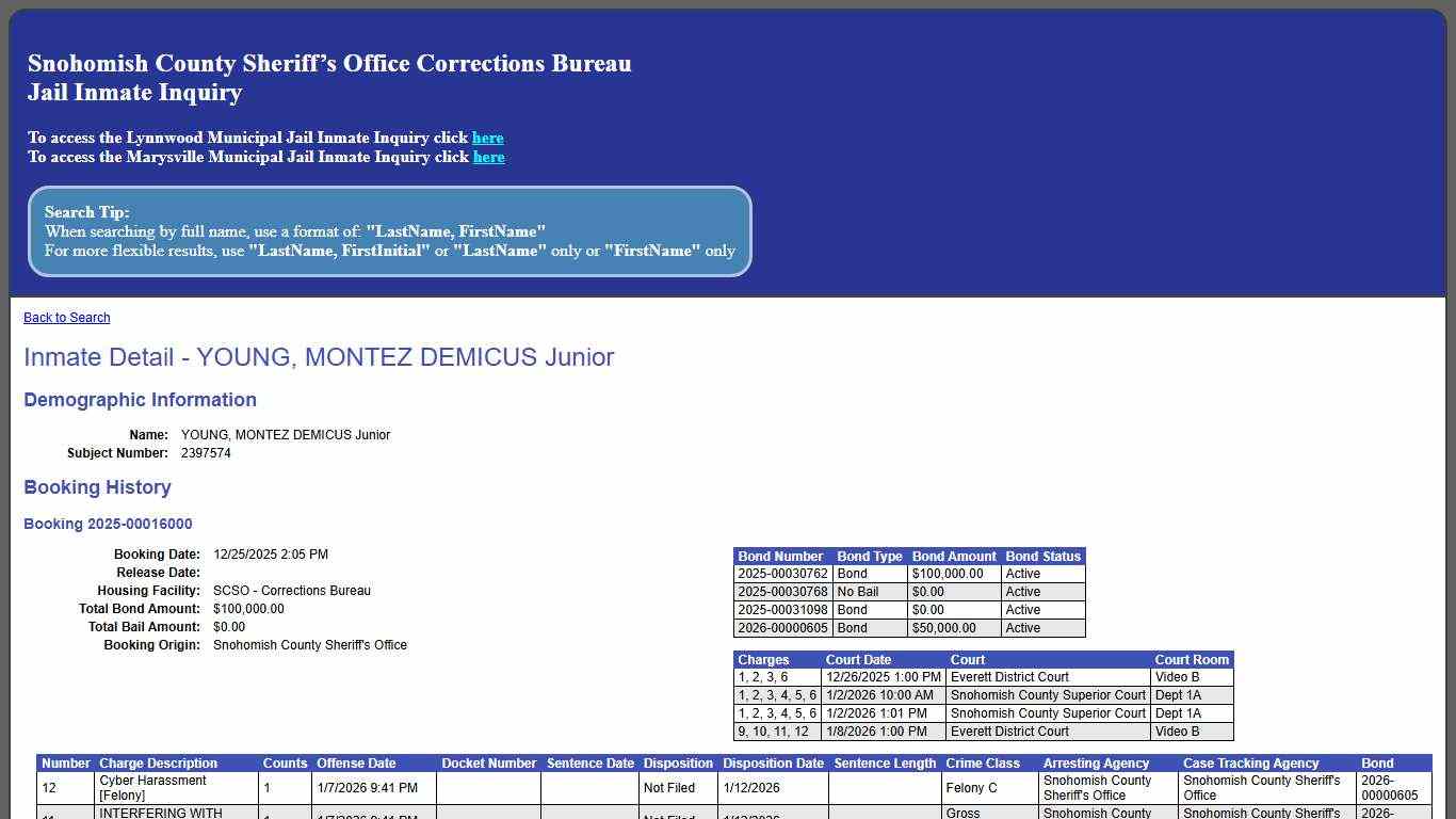 Inmate Detail - YOUNG, MONTEZ DEMICUS Junior